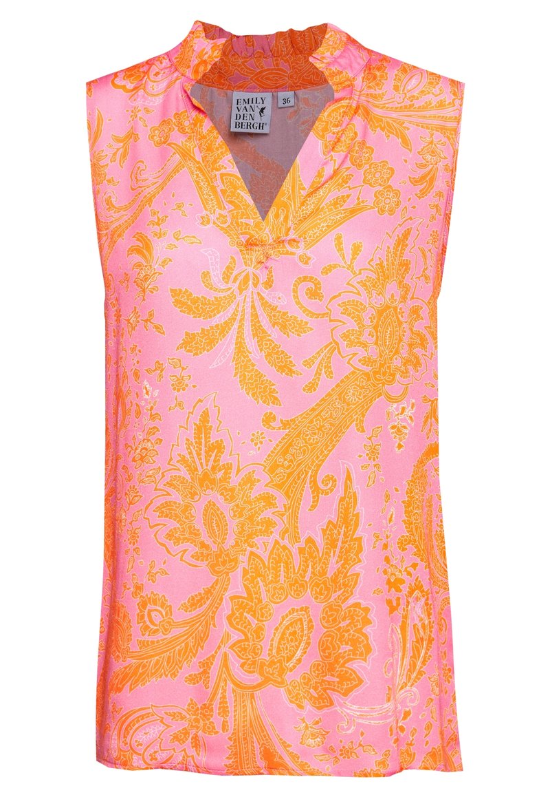 Bezrukávý top v růžové tkanině s oranžovým paisley vzorem. Má mandarínský límec a uvolněný střih. Hladká textura.