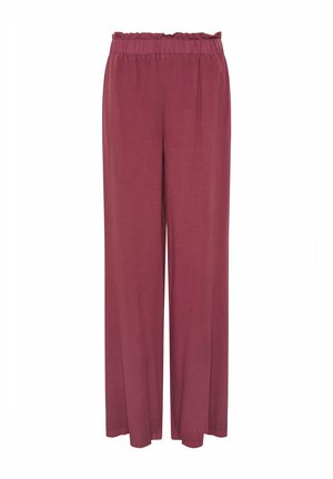 Wide-leg pants in a maroon shade, featuring an elastic waistband and a lightweight fabric for comfort. Smooth texture and no visible patterns.