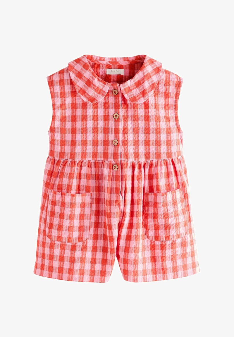 Robe sans manches à motif vichy en rouge et rose, avec un col rond, cinq boutons et deux poches avant. Tissu léger.