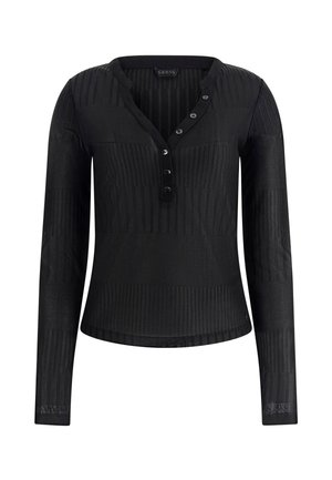 Czarna bluzka z długim rękawem o prążkowanej fakturze, z dekoltem Henleya zapinanym na guziki oraz delikatnymi poziomymi paskami na tkaninie.