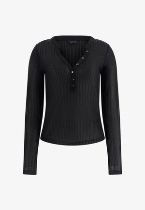 Czarna bluzka z długim rękawem o prążkowanej fakturze, z dekoltem Henleya zapinanym na guziki oraz delikatnymi poziomymi paskami na tkaninie.
