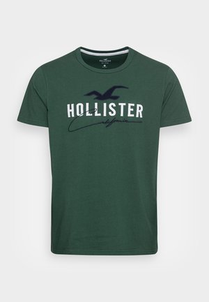 T-shirt en coton vert avec un col rond, des manches courtes, et une impression graphique avec "HOLLISTER" et un logo d'oiseau en couleurs contrastées.