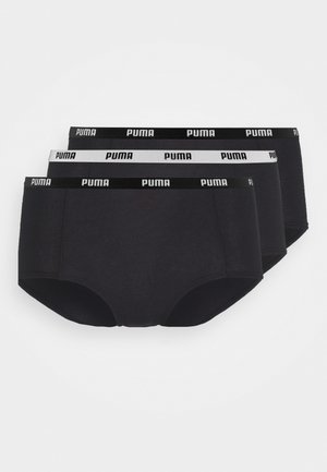 Three pairs of black cotton briefs with elastic waistbands, featuring a printed logo on the bands. Simple, seamless design, consistent color.