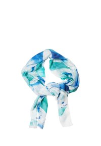 Lightweight scarf with abstract blue and green watercolor patterns, loosely tied with visible fabric texture and brand label.