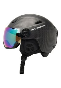 Sort kulfiber ski-hjelm med et spejlvisir, justerbart fit-hjul, sideventiler og en hagesnor for sikker fastgørelse.