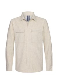 Camicia di lino beige con maniche lunghe, due tasche sul petto e colletto con bottoni. Presenta una sottile texture e un orlo dritto.