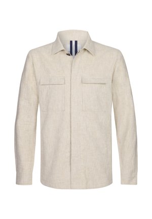 Beige linen shirt with long sleeves, two chest pockets, and a button-down collar. Features a subtle texture and straight hem.