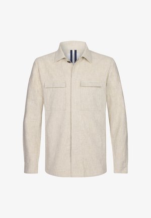 Camicia di lino beige con maniche lunghe, due tasche sul petto e colletto con bottoni. Presenta una sottile texture e un orlo dritto.