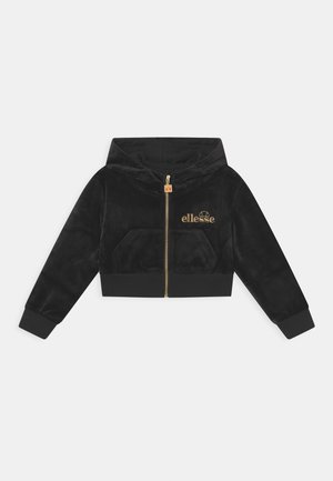 Haut à capuche noir cropped avec une fermeture éclair sur le devant, fabriqué en matériau velouté doux. Présente un logo doré et des poignets et un ourlet côtelés.