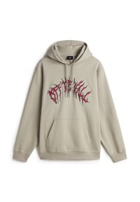 Hooded sweatshirt van lichtbeige katoen, met een voorste kenguruzak en een rood grafisch ontwerp met doornachtige accenten over de borst.