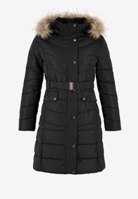 Abrigo acolchado negro con capucha forrada de piel, cintura ceñida y dos bolsillos frontales. Presenta un diseño acolchado y cierre de botón a presión.