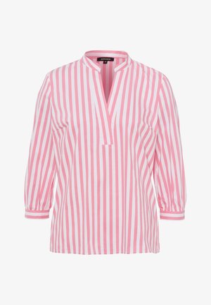 Blusa bianca e rosa a righe con scollo a V e maniche a tre quarti. Realizzata in tessuto leggero; presenta polsini delle maniche arricciati.