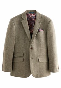 Houndstooth patterned tweed blazer in light brown, featuring a dark floral-lined interior, notch lapels, and two front pockets with button accents.