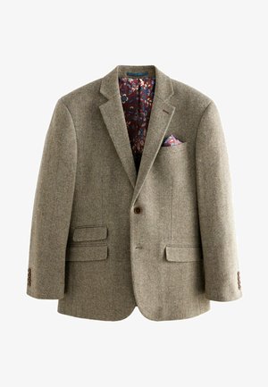 Tweed blazer s hounds-tooth vzorom v svetlo rdzavej farbe, s tmavou kvetinovou podšívkou, klopovými goliermi a dvoma prednými vreckami s gombíkovými detailmi.