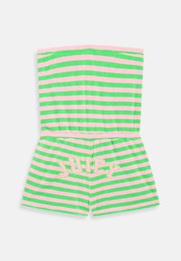 Green and pink striped romper with elastic waistband, featuring "JUICY" printed on the shorts in light pink. Soft, textured fabric.