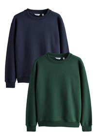 Dva dukseva s okruglim izrezom: jedan u tamnoplavoj, a drugi u tamnozelenoj boji. Oba imaju rebrasti rub i manžete, izrađena su od mekanog, teksturiranog pamučnog materijala.