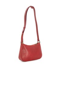 Rote Lederhandtasche mit glatter Oberfläche, kleiner Größe und verstellbarem Schulterriemen. Verfügt über einen Reißverschluss und ein minimalistisches Design.