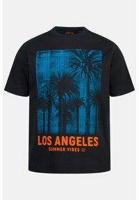 Černé bavlněné tričko s modrou grafikou palmy a oranžovým nápisem "LOS ANGELES SUMMER VIBES" na přední straně.