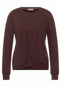 Bordowy, długi rękaw top w miękkim materiale z okrągłym dekoltem, z przodu z twisted designem i dopasowanymi mankietami.