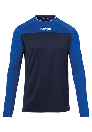 Sportshirt met lange mouwen, marineblauw lichaam en koningsblauwe mouwen, met ronde hals en wit "Kempa" logo op de borst.