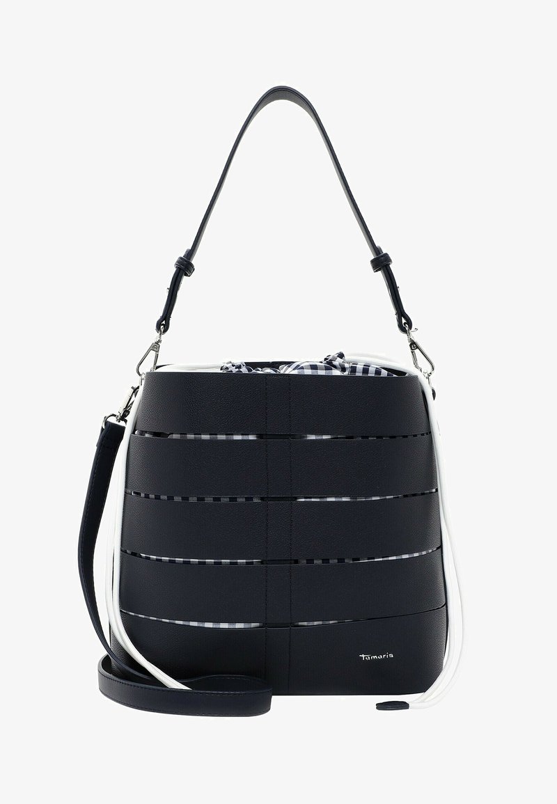 Sac seau noir avec bandes découpées horizontales, fermeture à cordon blanc, bandoulières amovibles et tissu à carreaux à l'intérieur.