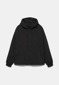 Veste noire à capuche avec fermeture éclair frontale, cordons sur la capuche, deux poches latérales zippées et poignets élastiques aux manches.