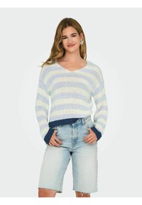 Lichtblauwe en crèmekleurige gestreepte gebreide trui met een V-hals en lange mouwen. Donkerblauwe geribde manchetten en zoom, gedragen over lichte spijkerbroekshorts.