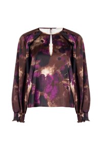 Blusa in tie-dye marrone e viola con scollatura a chiave, maniche lunghe e polsini arricciati. Realizzata in tessuto leggero.
