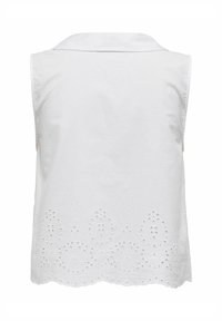 Blusa bianca senza maniche con colletto, caratterizzata da un intricato ricamo a occhiello all'orlo, morbida al tatto e con una vestibilità rilassata.