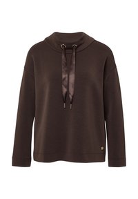Pull en coton marron foncé à manches longues avec un col cheminée et des cordons en satin brillants, arborant un petit logo rond doré près de l'ourlet.