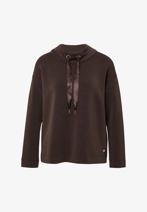 Pull en coton marron foncé à manches longues avec un col cheminée et des cordons en satin brillants, arborant un petit logo rond doré près de l'ourlet.