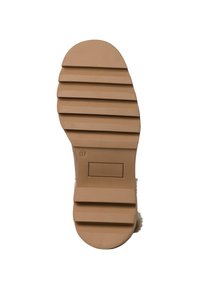 Hellbraune Gummisohle mit vertikalen Rillen, abgerundete Spitze und strukturierte Oberfläche. Größe 37 ist in der Nähe der Ferse markiert.