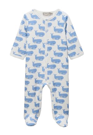 Body blanc pour bébé avec motif de baleine bleue, manches longues, boutons-pression sur le devant et pieds couverts.