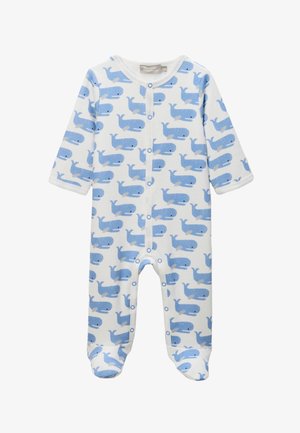 Body blanc pour bébé avec motif de baleine bleue, manches longues, boutons-pression sur le devant et pieds couverts.