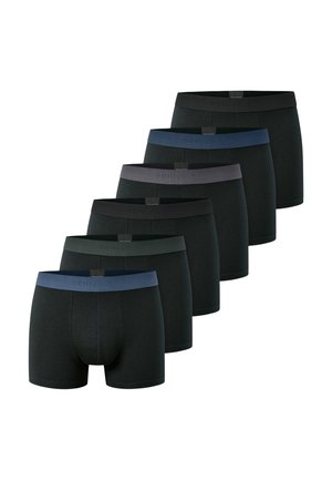 Black boxer briefs in a pack of six. Features flexible waistbands in various shades of black and blue, made of soft, stretchable fabric.