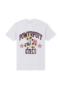 Bílý bavlněný tričko s kreslenými postavičkami s velkýma očima, tučným textem "Powerpuff Girls" a růžovými hvězdnými akcenty v designu.