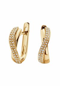 Złote kolczyki o skręconym wzorze, z rzędem błyszczących, przezroczystych kryształów po jednej stronie, o gładkiej, wypolerowanej powierzchni.