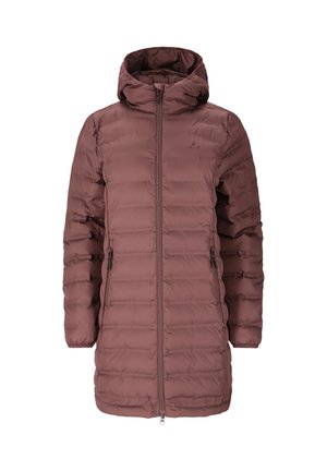 Langer mauve gepolsterter Wintermantel mit durchgehendem Frontreißverschluss, Kapuze und seitlichen Reißverschlusstaschen, für kalte Wetterbedingungen entworfen.