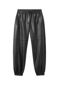 Pantaloni jogger neri in finta pelle con vita elastica, tasche laterali e polsini elasticizzati. Texture liscia con un design a vestibilità rilassata.