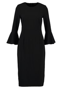Černé šaty s přiléhavým střihem, kulatým výstřihem a dlouhými rukávy s rozšířenými manžetami. Vyrobené z hladkého, elastického materiálu.