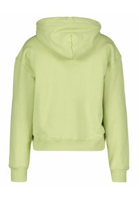 Sudadera recortada de un verde claro con una capucha espaciosa, puños acanalados y una textura suave. Diseño de espalda sin costuras sin logotipos ni patrones visibles.