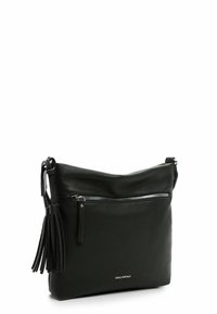 Black leather shoulder bag with a pebbled texture, featuring a front zipper pocket and a decorative tassel. Accents include a logo.