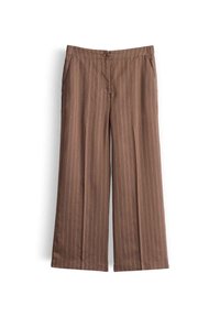 Brown wide-leg trousers with thin white vertical pinstripes, buttoned waist, and side pockets, displayed on a white background.
