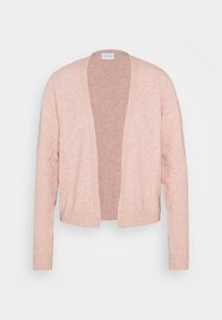 Světle růžový pletený cardigan s otevřeným předním dílem, žebrovaným lemem, dlouhými rukávy a měkkou texturou. Štítek uvádí "VILA."