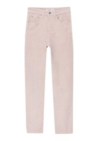 Pantalons en velours côtelé rose clair avec une coupe droite, style cinq poches et fermeture à bouton. Le tissu présente une texture de côtes verticales.
