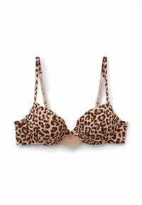 Soutien-gorge rembourré imprimé léopard avec bretelles ajustables, détail en dentelle au centre, tissu doux et texture lisse. Palette de couleurs marron et beige.
