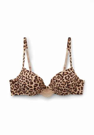 Bra imbottito con stampa leopardata, spalline regolabili, dettaglio in pizzo al centro, tessuto morbido e texture liscia. Schema cromatico marrone e beige.