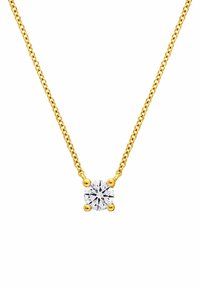 Collar de cadena de oro con un colgante de gema clara en forma redonda sostenido por cuatro garras de oro. La cadena presenta un delicado diseño de eslabones retorcidos.