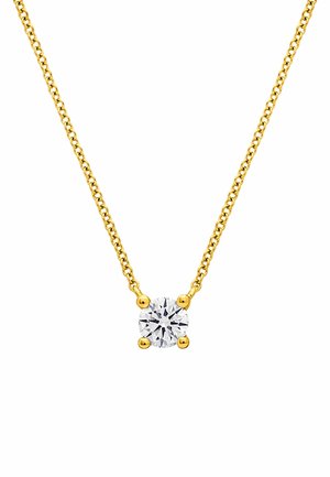 Collar de cadena de oro con un colgante de gema clara en forma redonda sostenido por cuatro garras de oro. La cadena presenta un delicado diseño de eslabones retorcidos.
