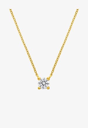 Collar de cadena de oro con un colgante de gema clara en forma redonda sostenido por cuatro garras de oro. La cadena presenta un delicado diseño de eslabones retorcidos.